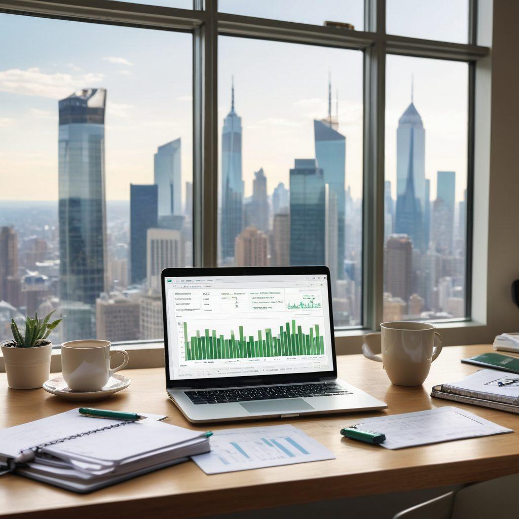 A stylish, modern workspace featuring a laptop displaying online banking graphs and financial data, surrounded by sleek financial tools like calculators and notebooks. Gentle light filters through a large window, reflecting a city skyline with skyscrapers, emphasizing the theme of prosperity. A coffee cup sits nearby, symbolizing a productive day ahead. The color palette is bright and uplifting with hints of green to symbolize wealth. super-realistic. vibrant colors.