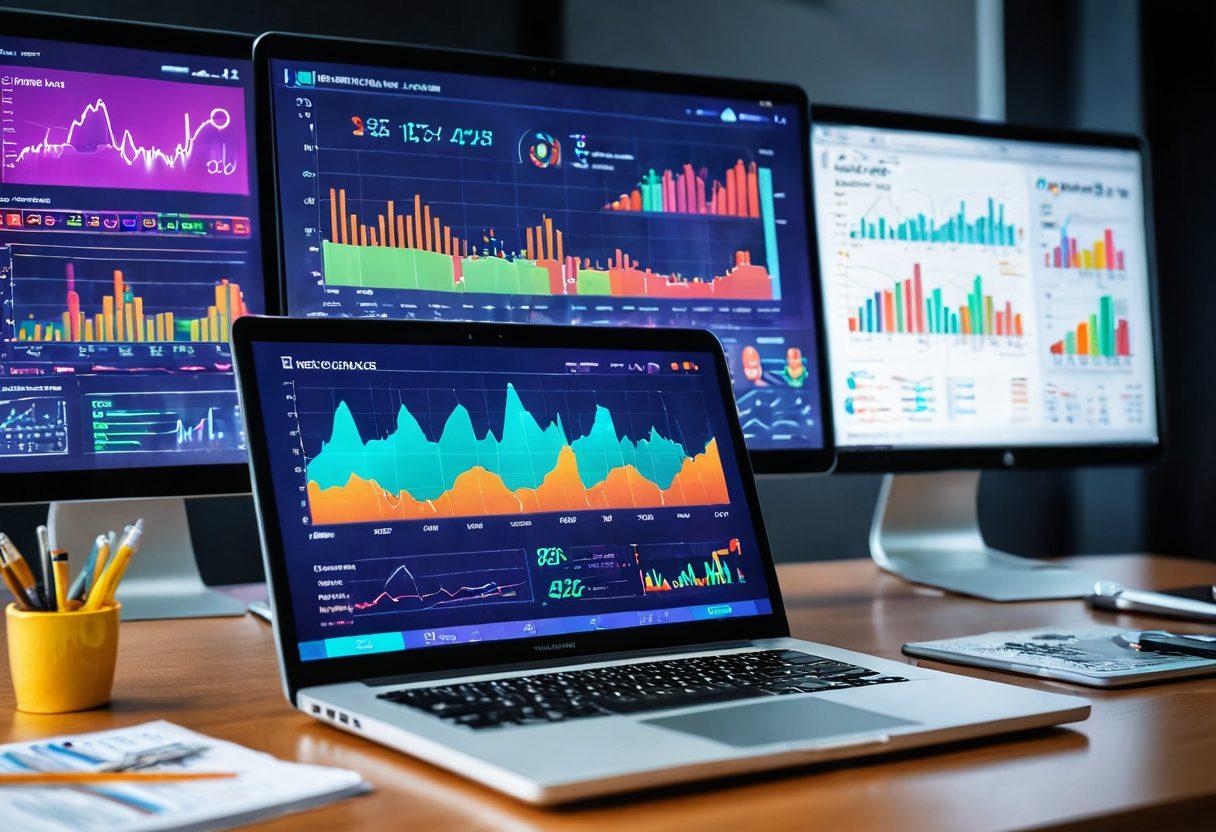 A modern workspace featuring a sleek laptop displaying financial graphs and fintech apps, surrounded by a diverse group of professionals engaged in a collaborative discussion. Incorporate elements of technology like digital currency icons and data analytics screens in the background. Use vibrant colors to convey a sense of dynamism and optimism about financial wellness. super-realistic. vibrant colors.