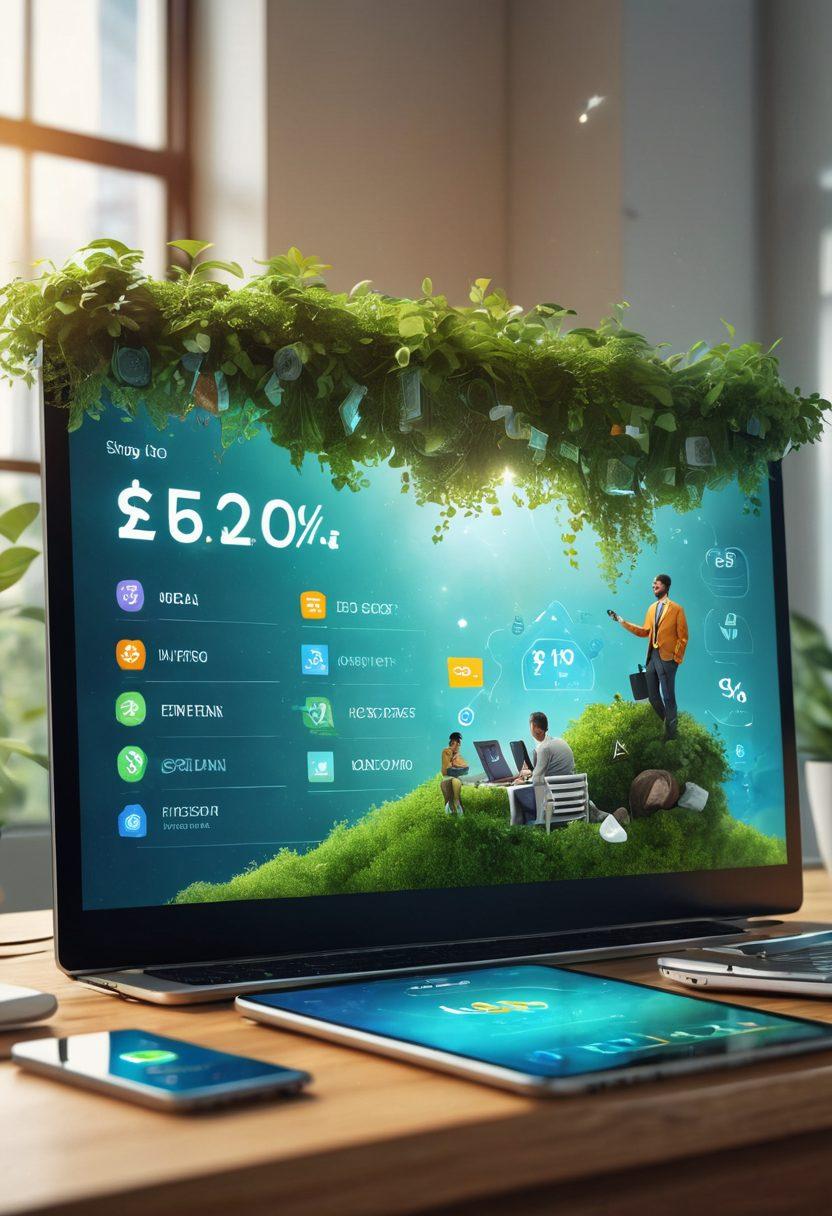 A futuristic digital bank interface showcasing diverse individuals managing their finances on various devices, with floating icons representing saving, investing, and budgeting. The scene is bright and inviting, featuring elements of online banking technology like charts and currency symbols. Incorporate lush greenery and sunlight to symbolize growth and prosperity. super-realistic. vibrant colors. 3D.